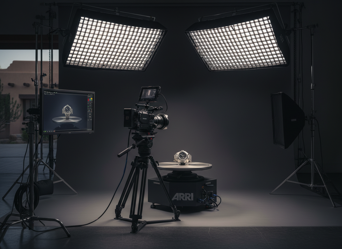A refined indoor commercial shoot setup in photographic realism: a matte black cinema camera on a sturdy tripod, aligned perfectly with a rotating turntable that displays a high-end product against a seamless charcoal backdrop. Overhead softboxes with grid diffusers cast controlled, velvety light that wraps around the product’s edges, creating crisp highlights and smooth gradients with almost no spill onto the background. Flags and reflectors subtly frame the scene, and a calibrated external monitor shows a vivid live feed. Shot from a three-quarter angle with medium depth of field, the composition is balanced and uncluttered, emphasizing precision, control, and premium commercial production quality associated with a New Mexico media studio.