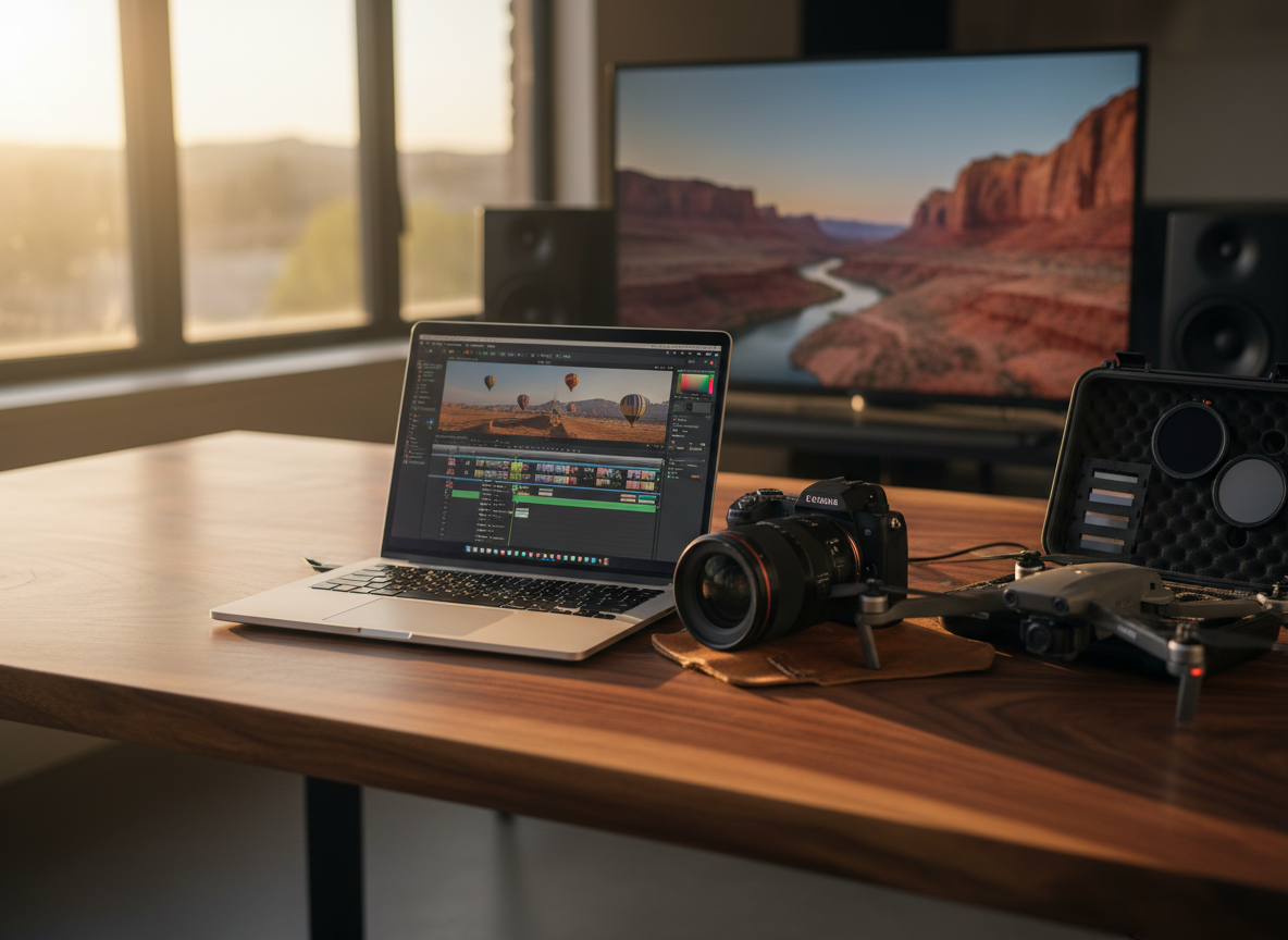 A meticulously arranged workstation for an aerial and traditional photography studio, featuring a brushed aluminum laptop displaying a color-rich video timeline, a full-frame camera body with a gleaming prime lens, and a compact drone folded neatly beside ND filters in a foam-lined case. Everything rests on a dark walnut desk with a faint, natural grain. Late afternoon window light streams in from the side, creating gentle, directional highlights and soft shadows that emphasize each object’s form. A pair of studio monitors and a calibrated reference screen glow subtly in the background, blurred by a shallow depth of field. Photographic realism, clean and modern composition shot at eye level, evoking focus, craftsmanship, and high-end post-production for New Mexico-based commercial visuals.