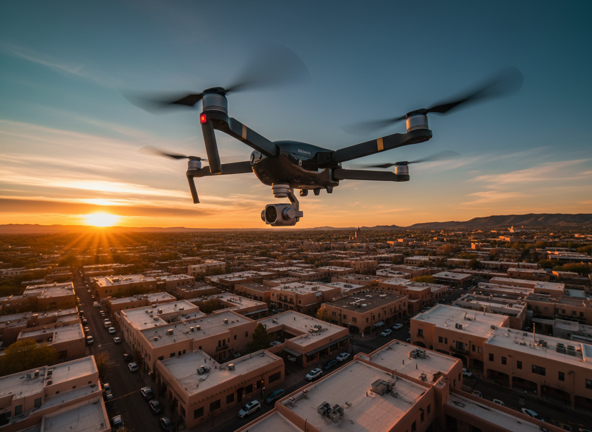 A dramatic low-angle view of a sleek quadcopter drone in flight, its propellers captured in a crisp, high-speed freeze as it soars above a sunlit New Mexico cityscape. Below, sharp, rectilinear rooftops, narrow streets, and small plazas form a structured urban grid bordered by distant desert hills. The warm glow of late golden hour bathes buildings in amber and copper tones, while the sky transitions from deep turquoise near the horizon to dusky indigo above. Photographic realism with strong contrast and a cinematic, wide-angle lens feel, the composition placing the drone in the upper third of the frame. The mood is bold and dynamic, conveying innovation and elevated perspective for commercial aerial production.