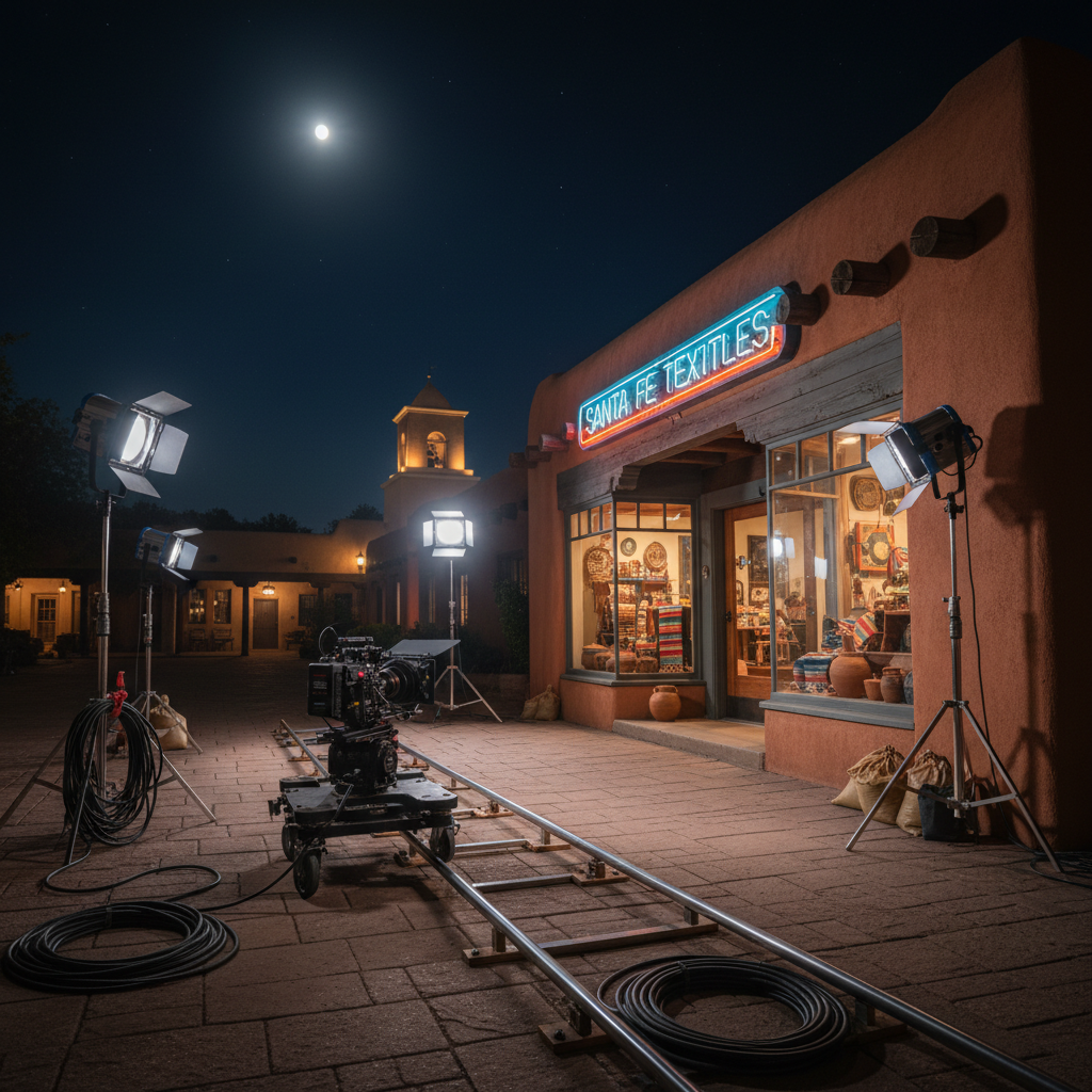 A nighttime commercial filming scene in a quiet New Mexico plaza, devoid of people but alive with equipment. A compact cinema camera on a dolly track faces a warmly lit adobe storefront with textured stucco walls, handcrafted wooden beams, and a glowing neon sign. Portable LED panels cast controlled pools of light, balancing the warm practicals with cool, soft fill that reveals the architecture’s details. C-stands, sandbags, and coiled cables are neatly placed, creating a sense of order. The composition is photographed from a low, three-quarter angle with a medium focal length, shallow depth of field subtly blurring the distant buildings. The mood is cinematic and focused, highlighting the behind-the-scenes craft of commercial production in New Mexico.